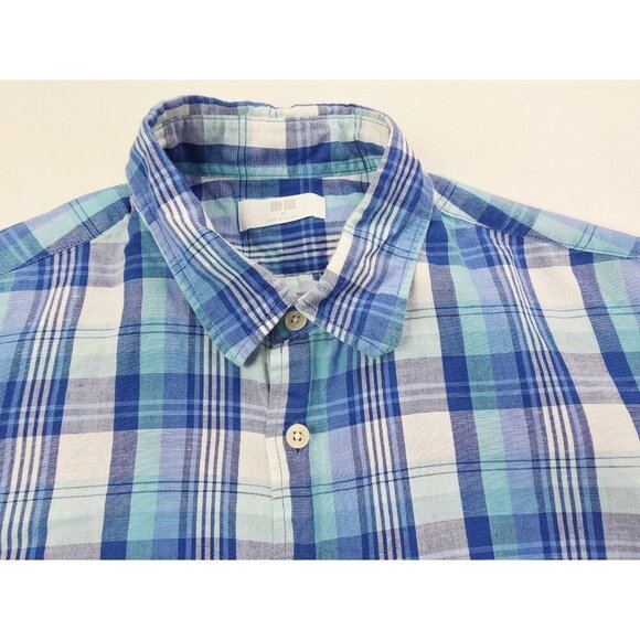 Uniqlo Size Medium Mens Blue White Check Short Sleeve Linen Cotton Blend Shirt - Picture 9 of 9
